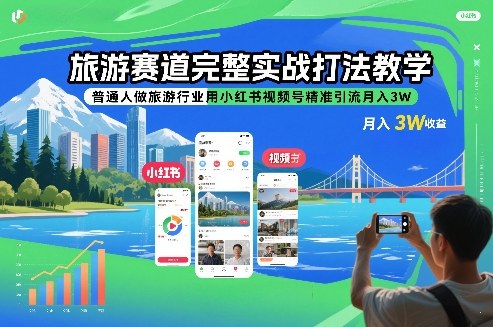 旅游赛道完整实战打法教学，普通人做旅游行业用小红书视频号精准引流月入3W-小酒源码