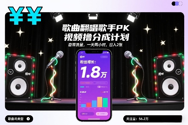 歌曲翻唱歌手PK视频撸分成计划，自带流量，一天两小时，日入2张-小酒源码