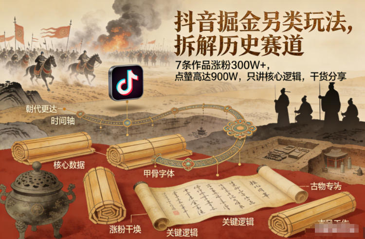 抖音掘金另类玩法，拆解历史赛道，7条作品涨粉300W+，点赞量高达900W，只讲核心逻辑，干货分享-小酒源码