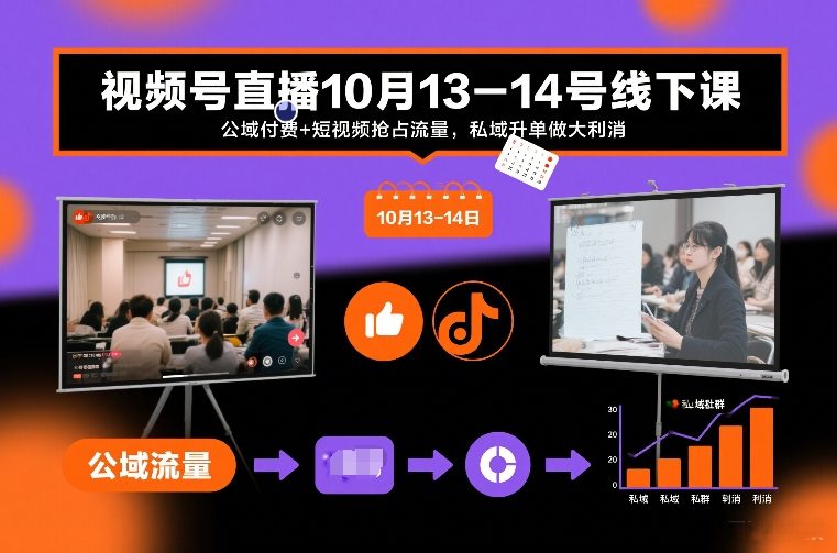 视频号直播10月13-14号线下课，公域付费+短视频抢占流量，私域升单做大利消-小酒源码