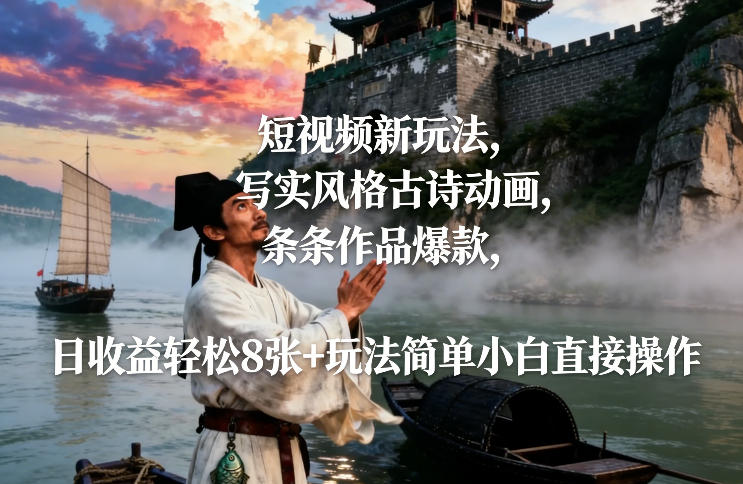 短视频新玩法，写实风格古诗动画，条条作品爆款，日收益轻松8张+玩法简单小白直接操作-小酒源码