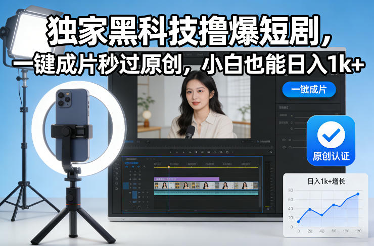 独家黑科技撸爆短剧，一键成片秒过原创，小白也能日入1k+【揭秘】-小酒源码