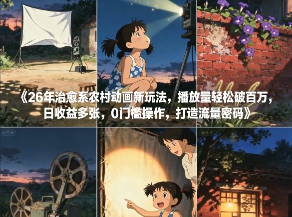 26年治愈系农村动画新玩法，播放量轻松破百万，日收益多张，0门槛操作，打造流量密码-小酒源码